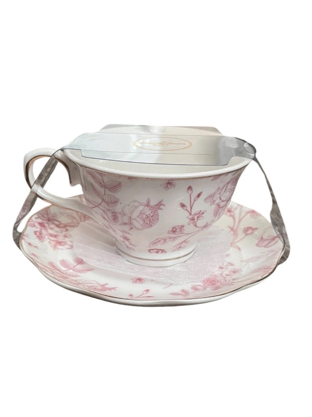 New Grace Teaware Pink Roses Flower Toile Tea Cup & Saucer Floral Porcelain